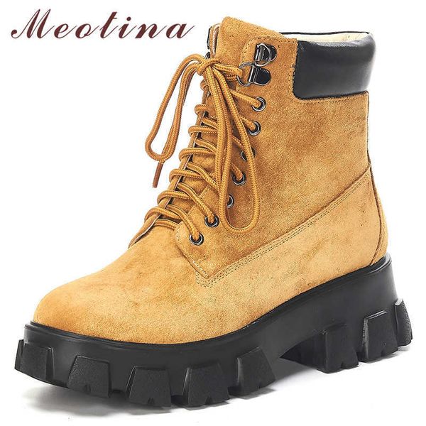 

meotina winter real leather ankle boots women pig suede thick high heel short boots lace up round toe shoes female autumn 34-39 210608, Black