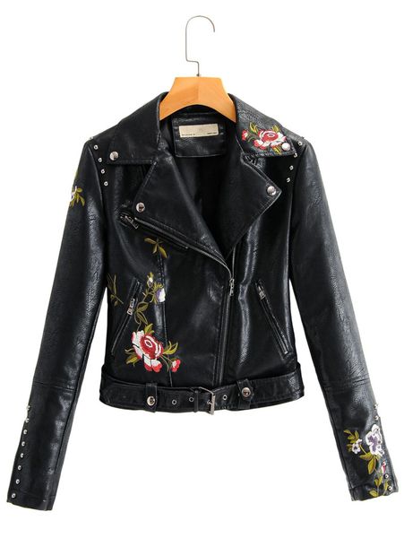

autumn fashion women embroidery pu leather jacket chic rivets with belt biker jackets zippers ladies coats outerwear, Black