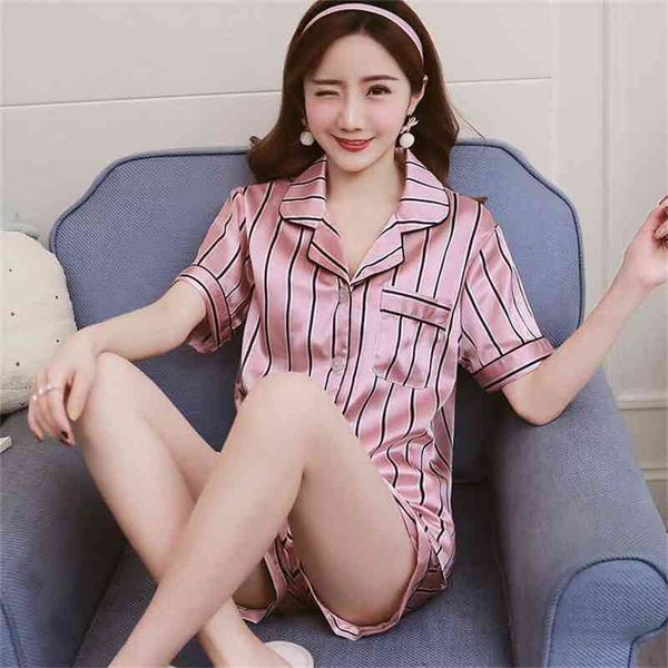 

stripe floral print short sleeve and shorts pyjamas women satin silk pajama sets cute cartoon sleepwear womens homewear 210330, Black;red