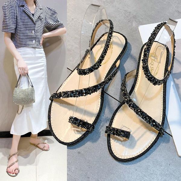 

sandals 35-43 yards women's shoes flat roman female joker fairy rhinestones summer comfortable and slippers., Black