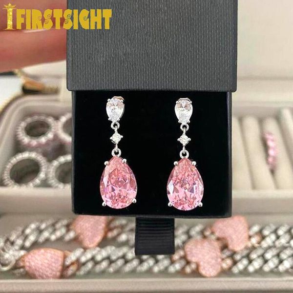 

dangle & chandelier silver color bling iced out pear drop micro pave pink clear cz elegant fashion women girl engagement wedding jewelry