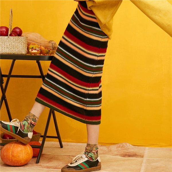 

rainbow striped knitted casual midi skirts women,2021 autumn elf vintage high waist korean ladies daily skinny, Black