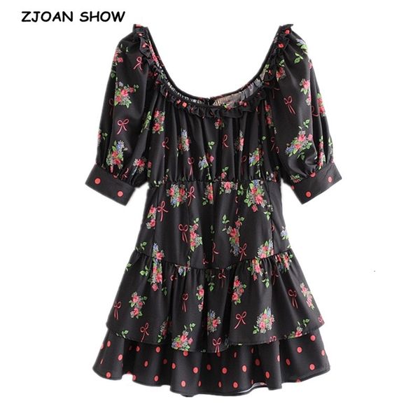 

casual dresses sweet women spliced wood ears elastic collar floral print mini dress holiday puff sleeve ruffles a-line summer sund, Black;gray