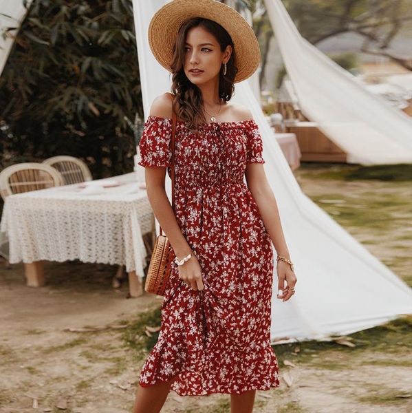 

casual dresses women fashion floral print off shoulder ruffled short sleeve sundress dress boho beach vestidos sukienka women's swimwea, White;black