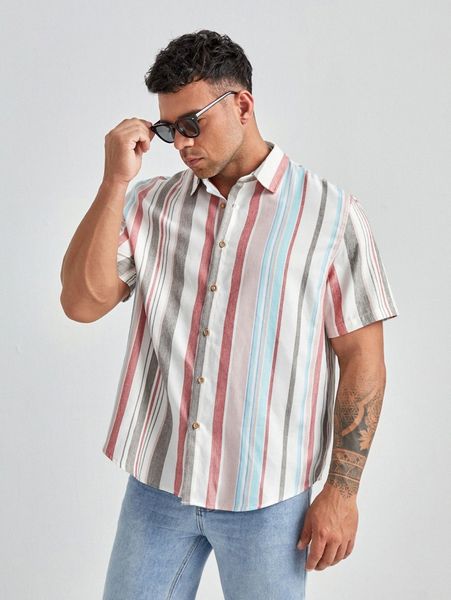 

extended sizes men block striped print shirt i5ws#, White;black