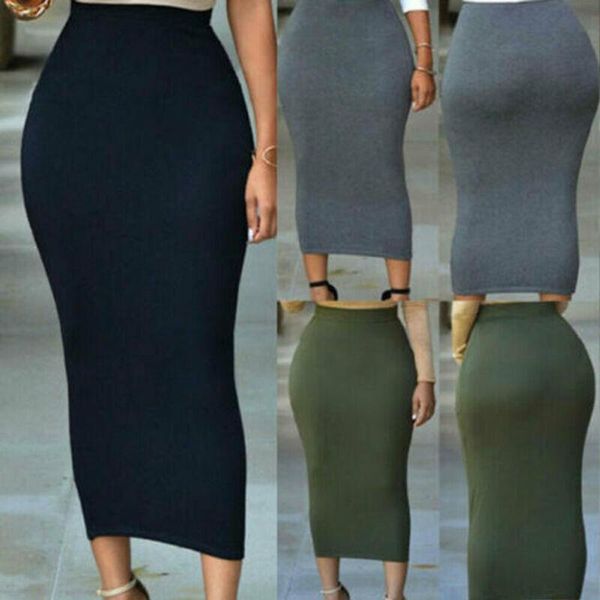 

skirts 2021 brand muslim thick solid skirt bodycon slim high waist stretch long women pencil, Black
