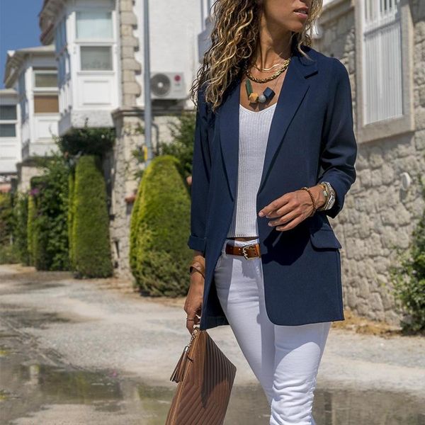 

women's jackets 2021 women solid color casual suit coat fashion autumn long sleeve turn-down collar open front black, Black;brown