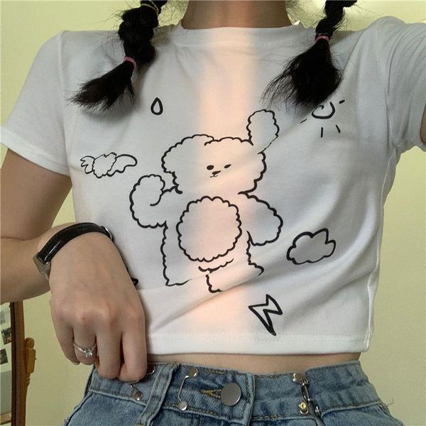 

women's t-shirt 2021 summer bear print women fashion cropped mujer alt clothes aesthetic mingliusili cute cartoon tee shirt, White