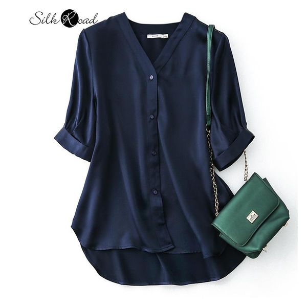 

silviye v-neck pure color silk satin short-sleeved shirt women's set non-mainstream summer style blouses & shirts, White