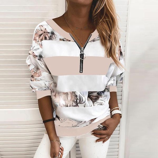 

women's blouses & shirts 40# women floral print stitching zipper blouse long sleeve v-neck casual loose elegant pullover streetwear rop, White