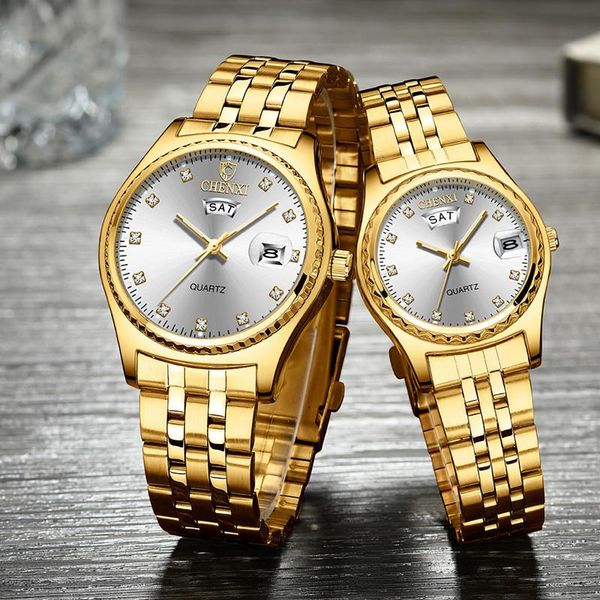 

wristwatches authentic original couple watch full stainless steel quartz clock magnifying glass calendar waterproof men b3497, Slivery;brown