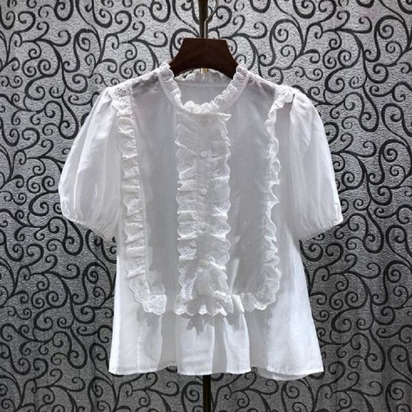 

women's blouses & shirts 2021 summer fashion women o-neck ruffle lace patchwork short sleeve white apricot shirt silk cott
