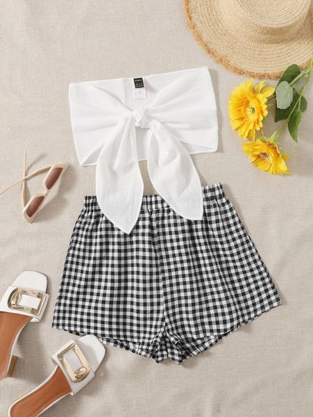 

tie front tube & gingham shorts set 70yh#, White