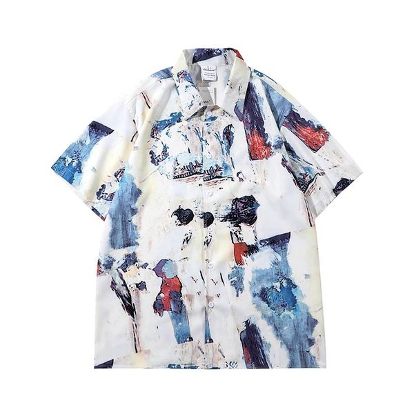 

men's casual shirts summer retro-oil japanese painted short-sleeve shirt for men and women loose casual beach hawaiian vacation shirts, White;black