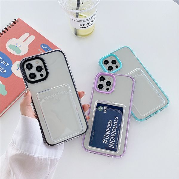 Transparente com slots de cartão Capas protetoras para iPhone 15 14 13 12 11 Pro X XS MAX XR 8/7 Plus à prova de choque 2 em 1 Candy Bumper Clear Phone Case Back Cover 100pcs