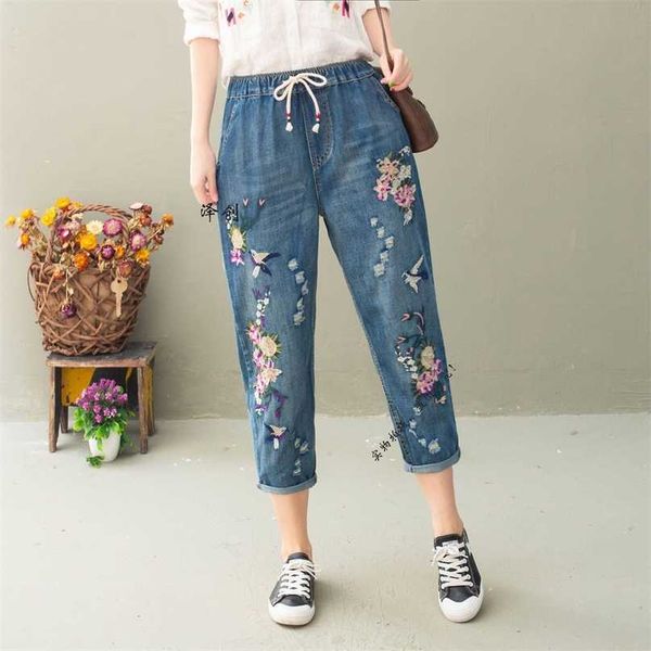 

women harem jeans elastic waist spring floral embroidery chinese style denim pant calf length trousers lady casual loose pants 211129, Blue