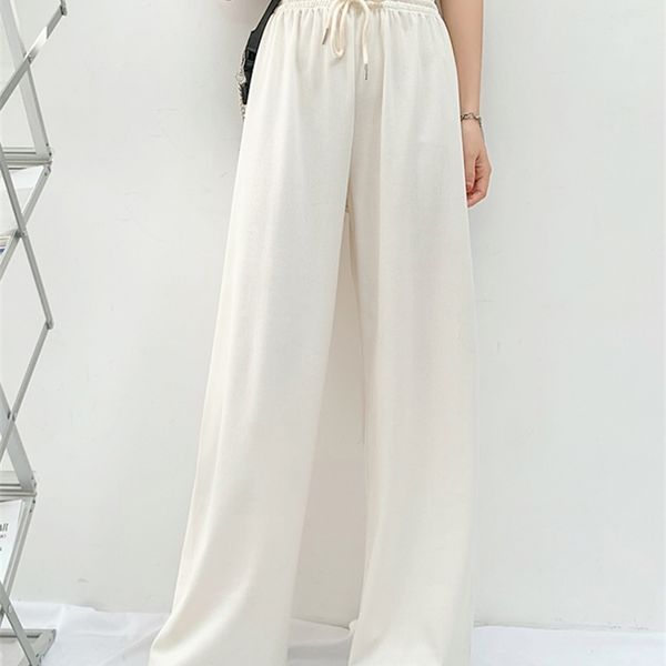 

jielur ice silk wide leg pants women high-waisted spring summer loose straight trousers casual white pink blue pantalones femme 211007, Black;white
