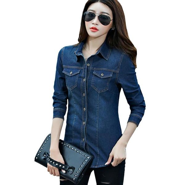 

women's blouses & shirts jeans shirt women 2021long sleeve slim casual vintage elastic ladies denim blusas feminina woman and, White