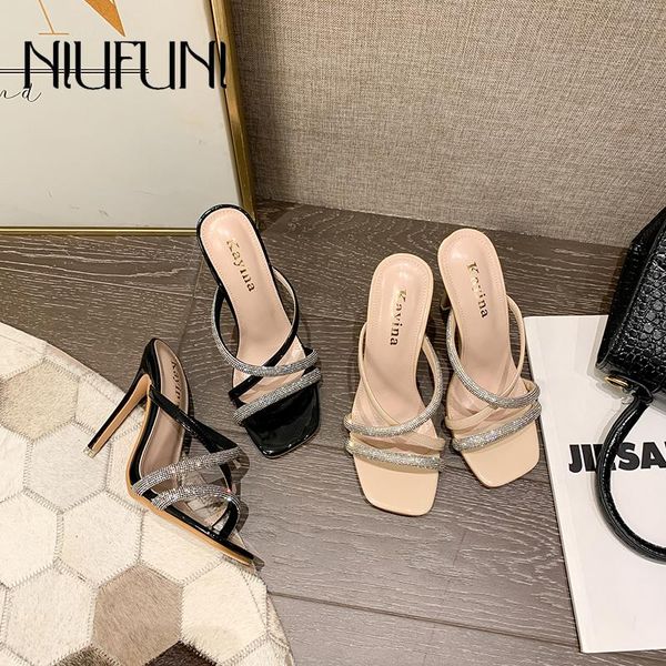 

rhinestone 11cm stiletto women slippers square head cross strap sequin sandals 2021 black crystal high heels women's shoes