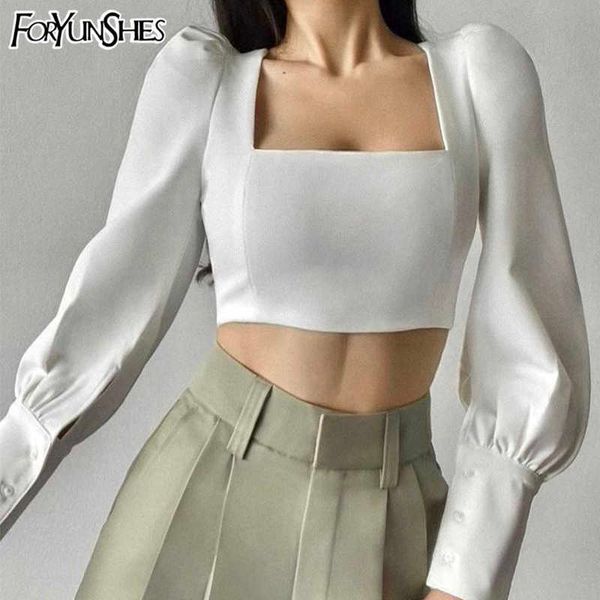 

foryunshes square collar elegant bodycon womens blouse white slim puff sleeve office lady shirt autumn spring 210709