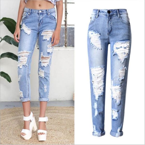 

trendy multi hole ripped jeans women vintage denim pencil pants capris female casual calf-length women's, Blue