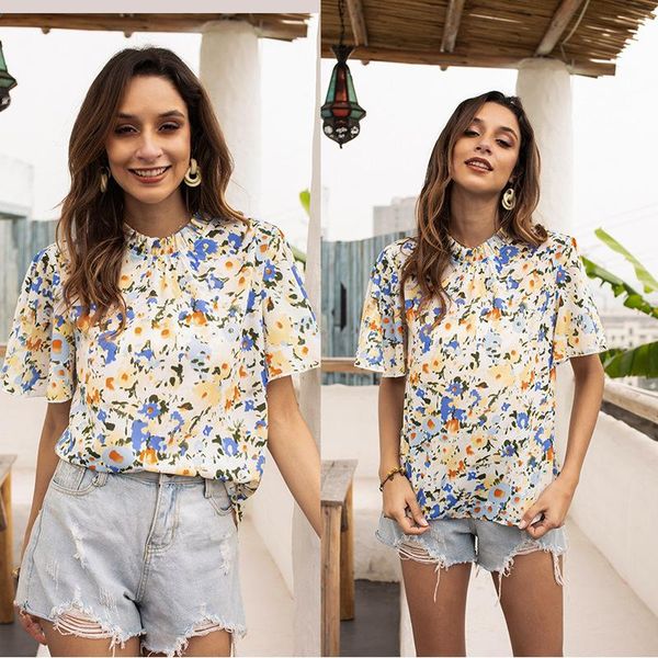 

women's t-shirt women summer casual clothing flare sleeve o neck print vintage tees elegant lady cute sweet girl clothes 2021 trend, White