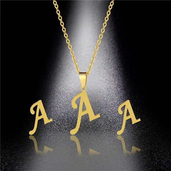 

earrings & necklace wholesale 26 english letter set combination items stainless steel two-piece, Silver