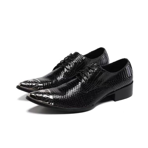 

italian basic fashion men leather high heels dress shoes business embossed breathable wedding lace up pointed metal toe, Black