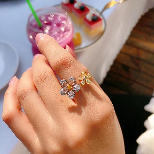 

fashion double flower rings inlay cubic zirconia two color jewelry for women wedding cocktail party luxury accessories, Slivery;golden