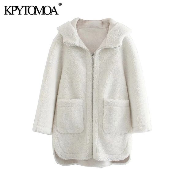 

women fashion thick warm faux fur hooded coat vintage long sleeve pockets female outerwear chic teddy overcoat 210416, Black