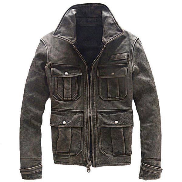 

men's leather & faux retro vintage genuine jacket cowhide whitening motorcycle clothing lapel slim fit short autumn winter coat black