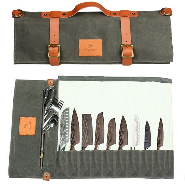 

chef knife roll bag durable waxed canvas carrier stores 10 knives portable storage case with handle & shoulder strap bags