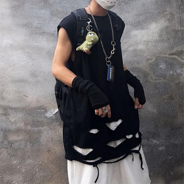 

summer ripped hole punk hip mens hop tank vintage men women street style oversize vest sleeveless shirt, White;black