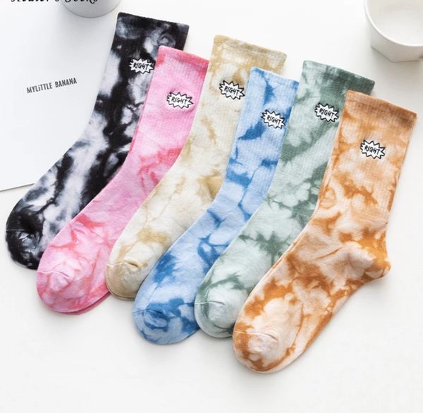 

new tie-dye letter right embroidery men women socks cotton harajuku trend funny vortex hip hop fashion skateboard long socks, White;pink