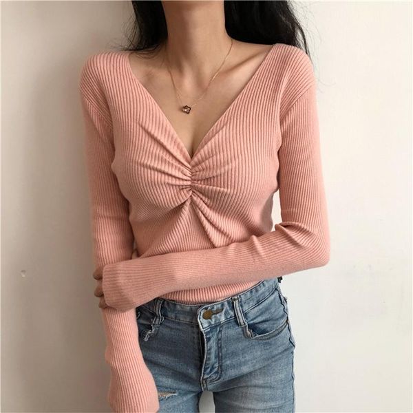 

women's sweaters lucyever v-neck ruched fashion jumper mujer autumn winter solid color long sleeve slim knit womens, White;black