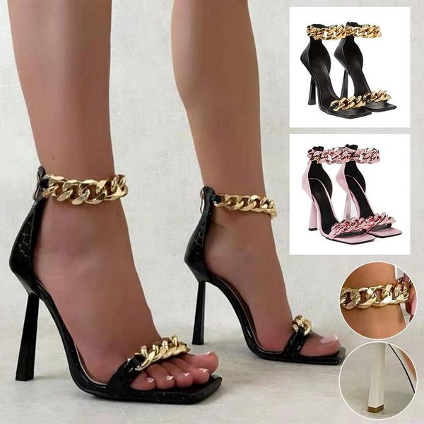 

slippers thin high heel women summer 2021 fashion chain design shoes slip on square toe slides sandals mules pumps, Black