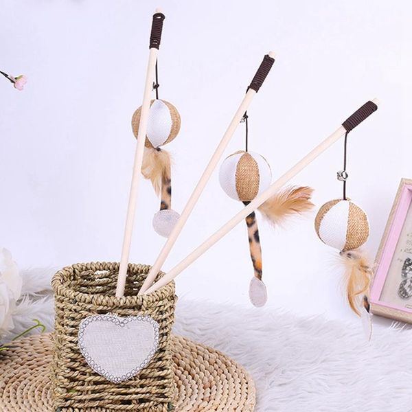 

cat toys wooden wand toy faux feather teaser kitten with bell interactive funny bite