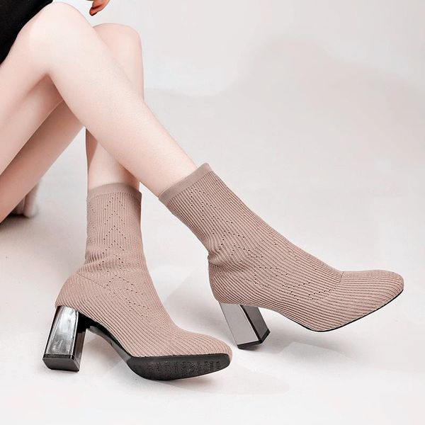 

boots fashion ankle women shoes woman elastic sock chunky high heels stretch autumn booties pointed toe plus size 41, Black