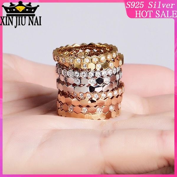 

cluster rings 2021 arrivals 925 sterling silver honeycomb inlaid stone female ring set circle rose gold diamond for women, Golden;silver