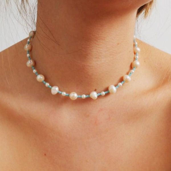 

chokers handmade baroque exquisite natural freshwater pearl necklace blue bead stitching fashion all-match clothing accessories wholesal, Golden;silver