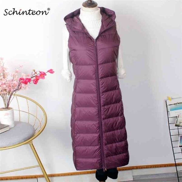 

schinteon women ultra light down long vest with hood casual slim waistcoat white duck gilet arrival 210922, Black