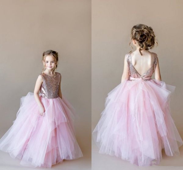 

2021 fashion rose gold sequin pink tulle flower girls dresses for wedding ruffles a line jewel neck v backless long first communion dress, White;blue