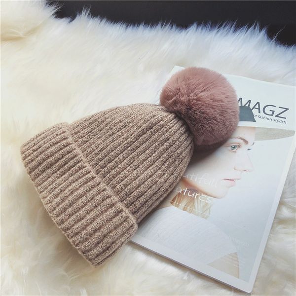 

winter real rabbit's foot pom women's wool used cap with large plunge bont pompom beanie hat, Blue;gray