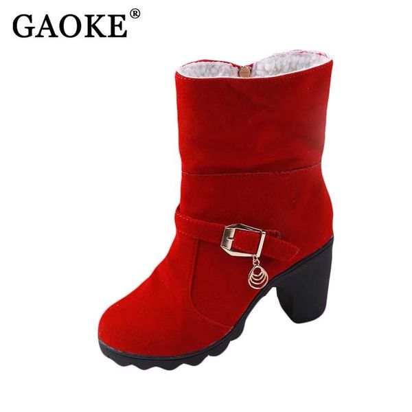 

boots autumn winter snow warm women high heel thick platform suede flocking leather solid ladies fashion, Black