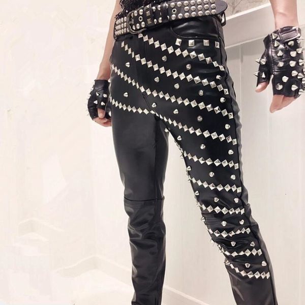 

men's pants nightclub dj singer vintage punk rock rivet leather hip hop stage costume mens casual slim joggers motorcycle trousers, Black