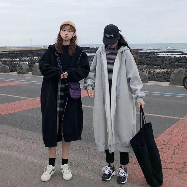 

women's hoodies & sweatshirts women loose long hoodie casual solid color hooded student's autumn winter baggy pullover oversized s, Black