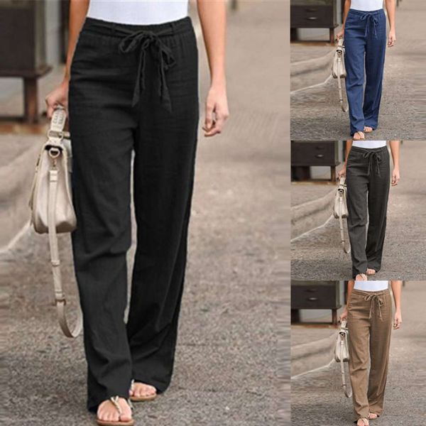 

2021 summer new women's elastic waist pure color cotton hemp wide leg loose pants, Black;white