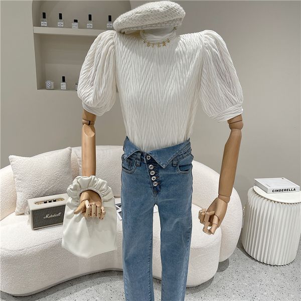 

polos spring summer niche design feminine plied short bubble shirt top, White