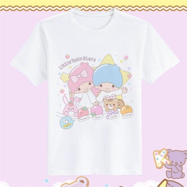 

harajuku japanese women t-shirt girl cartton little twin star t shirt casual lolita tee customized for 210708, White
