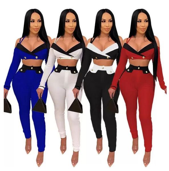 

women's tracksuits autumn two piece set women long sleeve deep v neck tanks crop pants leggings matching sets off shoulder out, Gray
